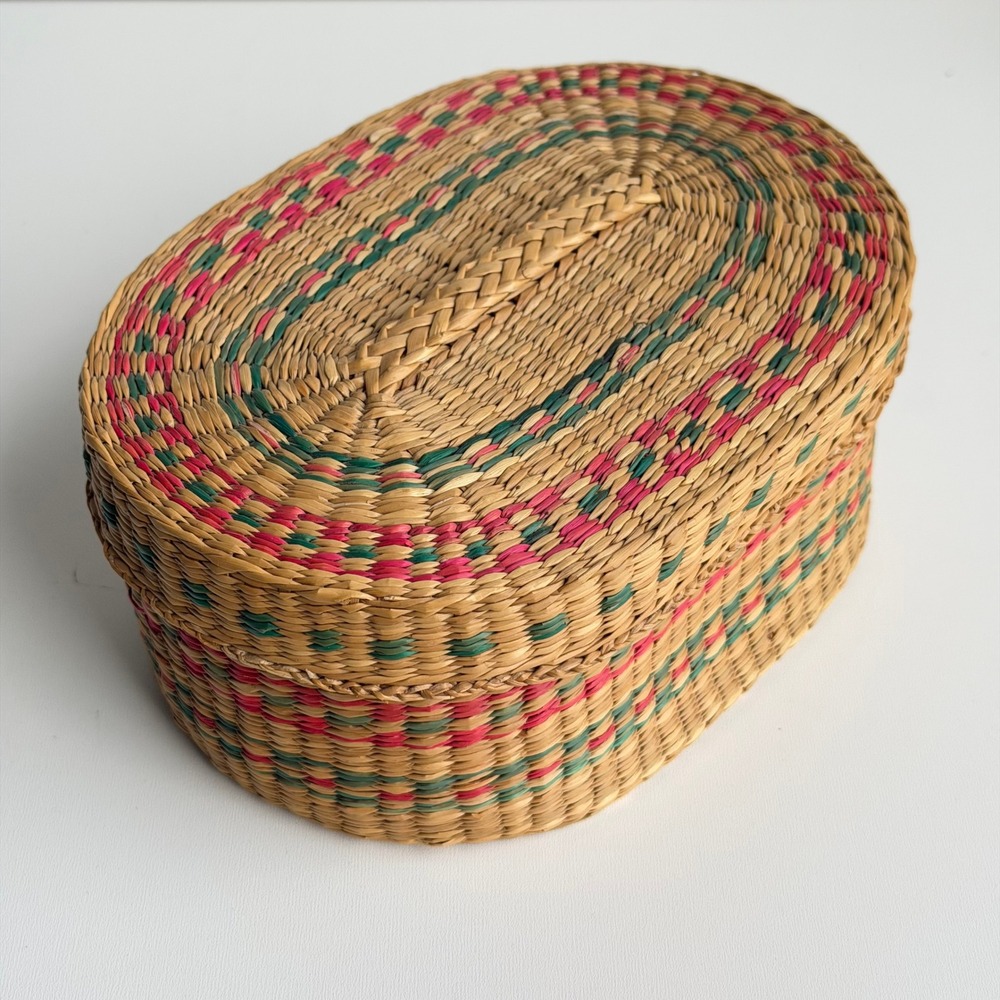 Vintage Hand Woven Native American Oval Lidded Basket Boho Multi-Color 8"